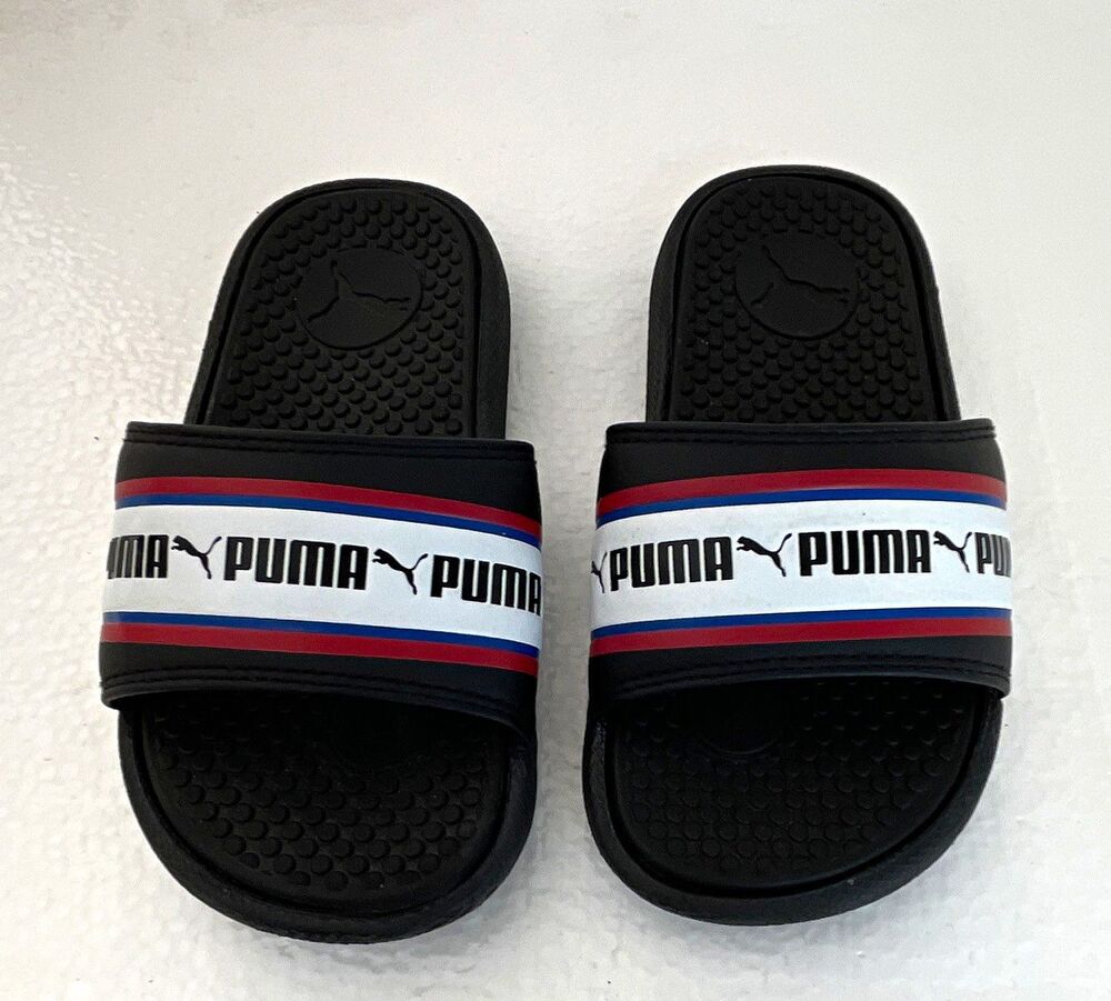 PUMA Kids Slide Sandals Black/White Red Blue Logo Strap Striped US 11C UK10 EU28